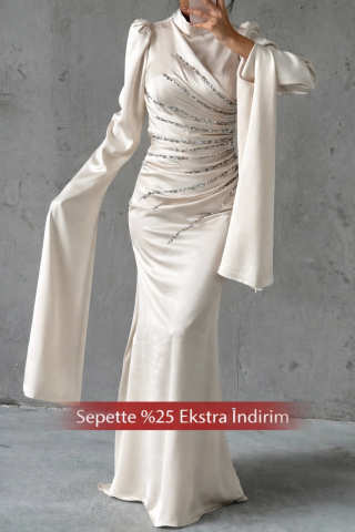 Eşsiz Kol Tasarımıyla Saten Tesettür Abiye Ekru