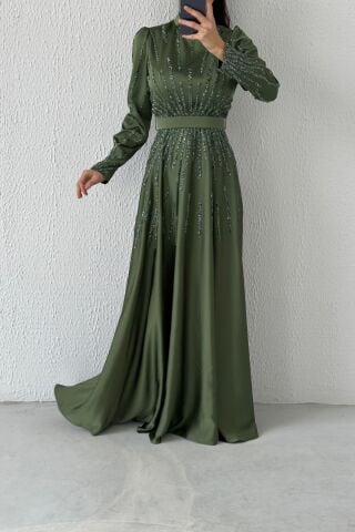 Unique Stone Detailed Belted Satin Hijab Evening Dress Khaki