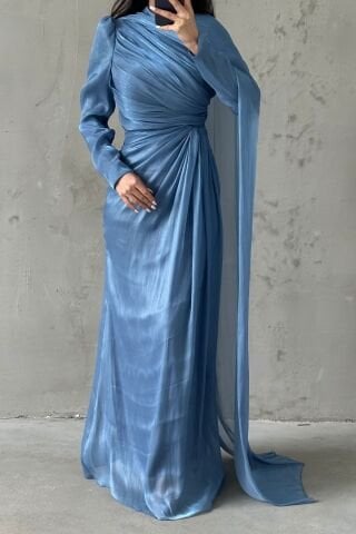 Omuzdan Pelerin Detaylı Janjan Tesettür Abiye İndigo