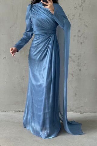 Omuzdan Pelerin Detaylı Janjan Tesettür Abiye İndigo