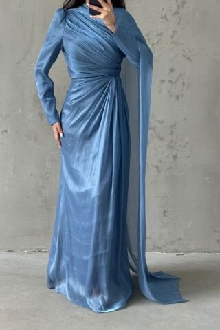 Janjan Hijab Evening Dress Indigo with Cape Detail on the Shoulder
