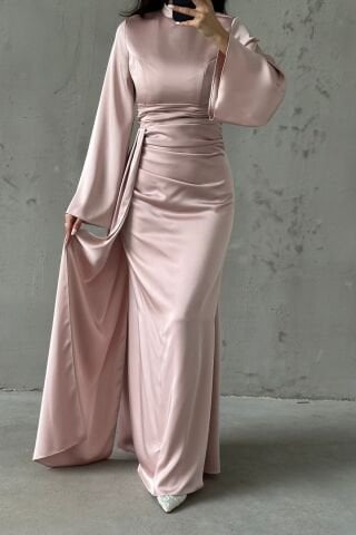 Tail Detailed Satin Hijab Evening Dress Powder