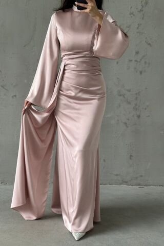 Tail Detailed Satin Hijab Evening Dress Powder