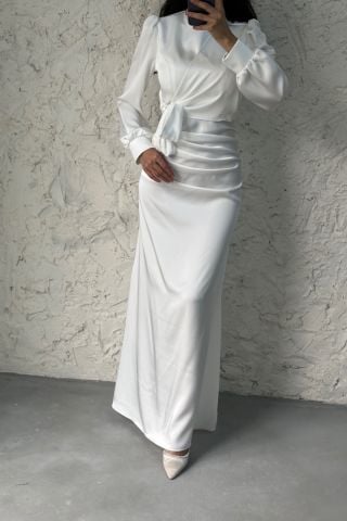 Büzgü Ve Düğüm Detaylı Saten Tesettür Abiye Ekru