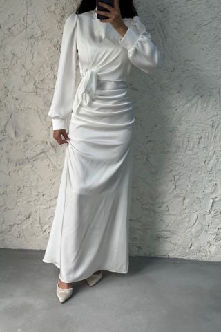 Büzgü Ve Düğüm Detaylı Saten Tesettür Abiye Ekru