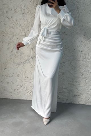 Satin Hijab Evening Dress Ecru with Gathering and Knot Detail