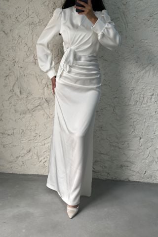 Büzgü Ve Düğüm Detaylı Saten Tesettür Abiye Ekru