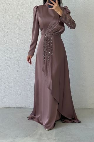 Göz Alıcı Fırfır Taş Detaylı Saten Abiye Vizon