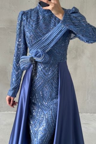 Payet İşlemeli Şal Detaylı Tesettür Abiye İndigo