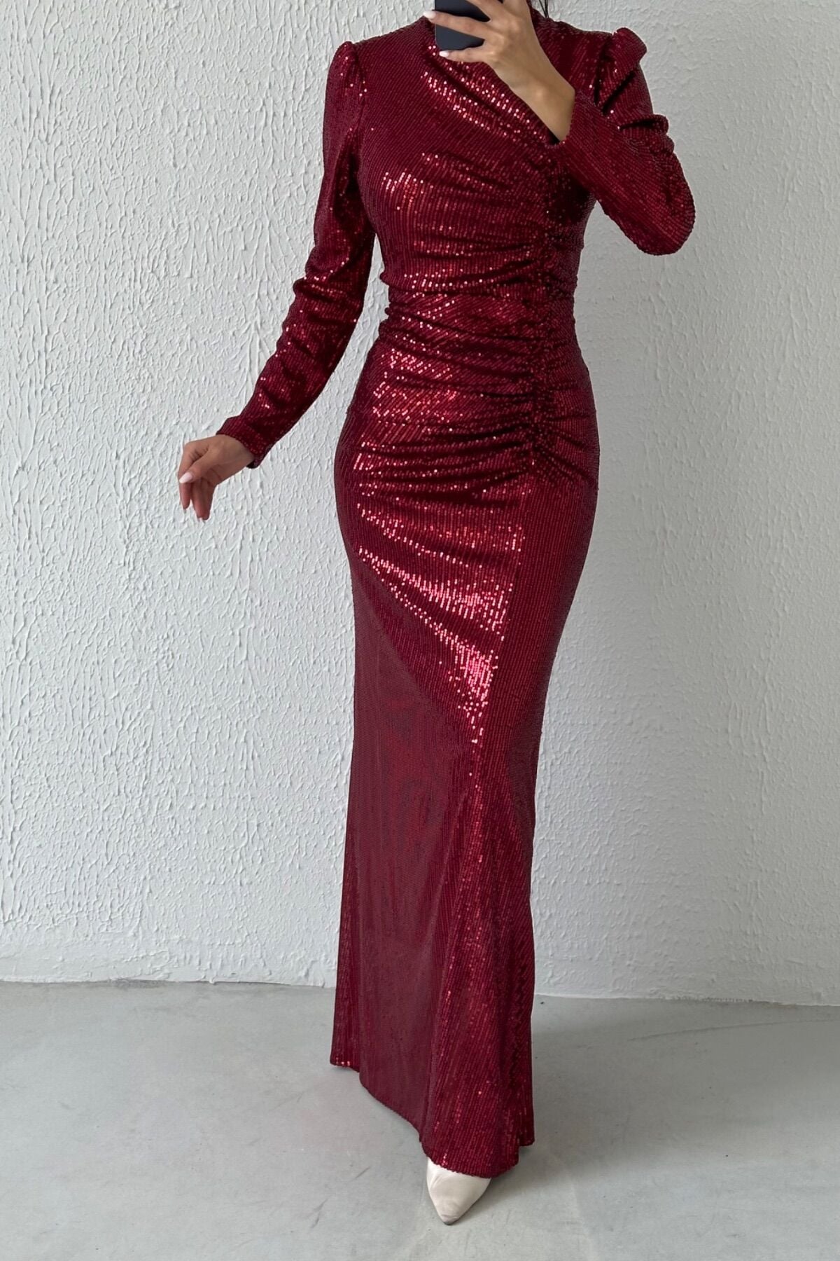 Gathered Sequined Hijab Evening Dress Claret Red