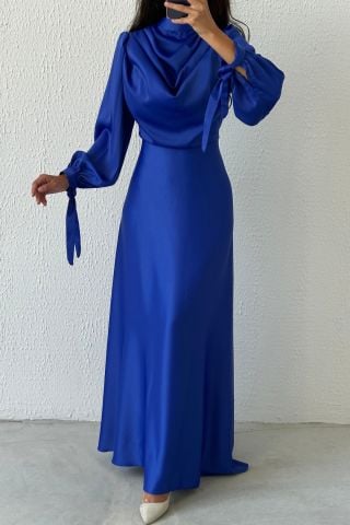 Flowing Flowing Satin Fabric Hijab Evening Dress Saks Blue