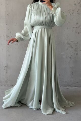 Işıltı Dokunuşlu Janjan Tesettür Abiye Mint Yeşili