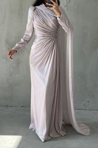 Janjan Hijab Evening Dress with Cape Detail on the Shoulder in Ecru