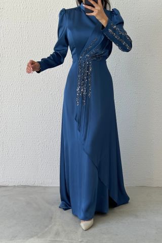 Glamorous Ruffle Stone Detailed Satin Evening Dress Indigo