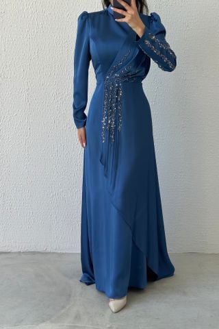 Göz Alıcı Fırfır Taş Detaylı Saten Abiye İndigo