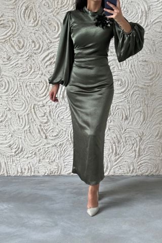 Shiny Elegance Brooch Detailed Satin Hijab Evening Dress Khaki
