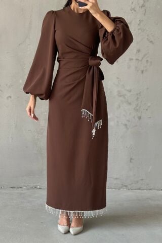 Double Krep Şık Tasarım Tesettür Abiye Kahverengi