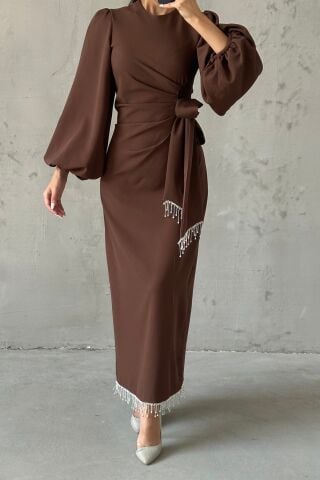 Double Krep Şık Tasarım Tesettür Abiye Kahverengi