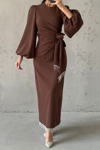 Double Krep Şık Tasarım Tesettür Abiye Kahverengi