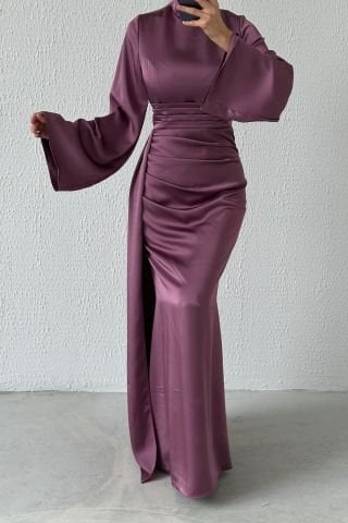 Tail Detailed Satin Hijab Evening Dress Dusty Rose