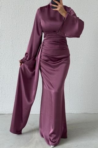 Kuyruk Detaylı Saten Tesettür Abiye Gül Kurusu