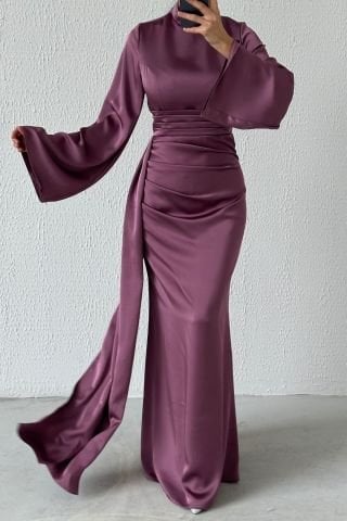 Kuyruk Detaylı Saten Tesettür Abiye Gül Kurusu