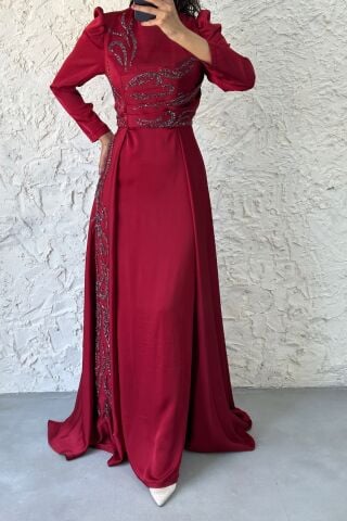 Eşsiz Taş Detaylı Pelerinli Bordo Tesettür Abiye