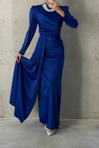 Pearl Detailed Satin Hijab Evening Dress with Tail Saxe Blue