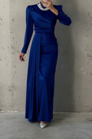 İnci Detaylı Kuyruklu Saten Tesettür Abiye Saks Mavisi