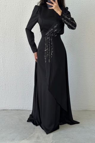 Göz Alıcı Fırfır Taş Detaylı Saten Abiye Siyah