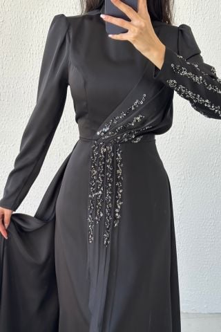 Göz Alıcı Fırfır Taş Detaylı Saten Abiye Siyah