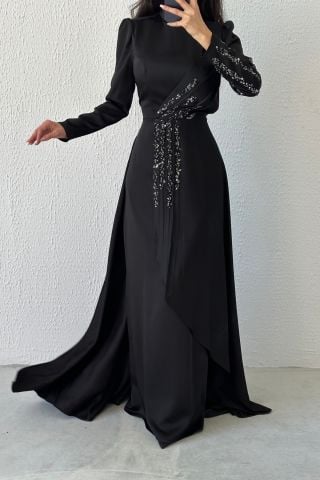 Göz Alıcı Fırfır Taş Detaylı Saten Abiye Siyah