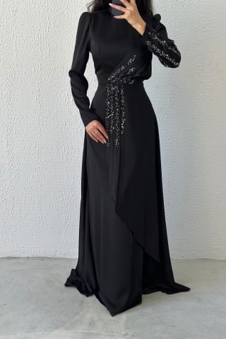 Göz Alıcı Fırfır Taş Detaylı Saten Abiye Siyah