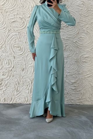 Satin Hijab Evening Dress Baby Blue with Bead Detail at the Waist