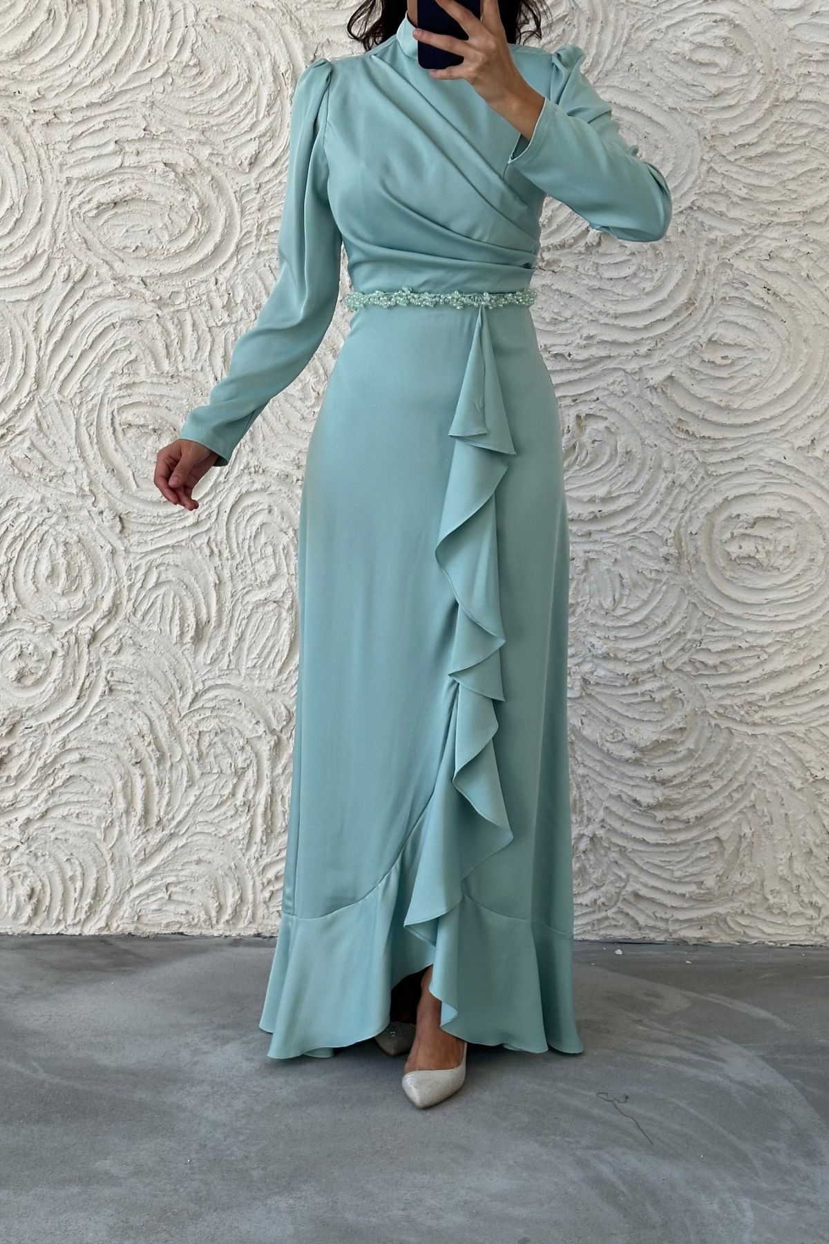 Satin Hijab Evening Dress Baby Blue with Bead Detail at the Waist