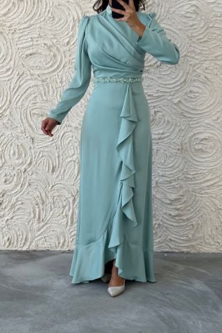 Satin Hijab Evening Dress Baby Blue with Bead Detail at the Waist