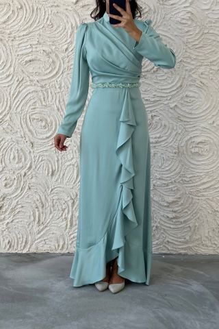 Satin Hijab Evening Dress Baby Blue with Bead Detail at the Waist