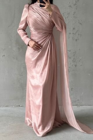 Janjan Hijab Evening Dress Powder Color with Cape Detail on the Shoulder