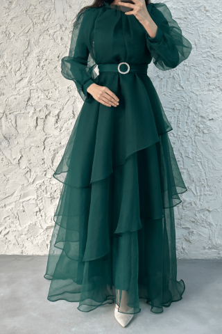 Tül Kat Kat Tesettür Abiye Koyu Yeşil