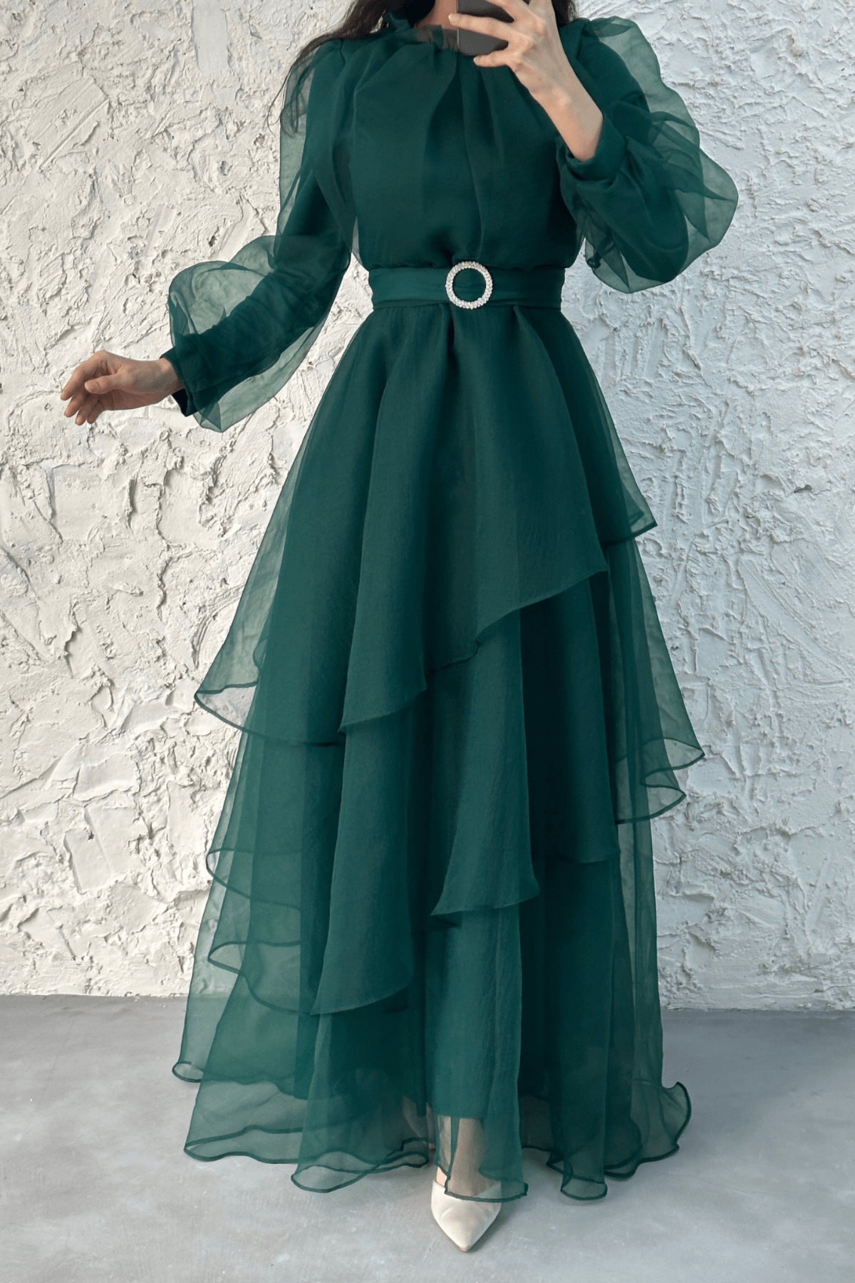 Tül Kat Kat Tesettür Abiye Koyu Yeşil