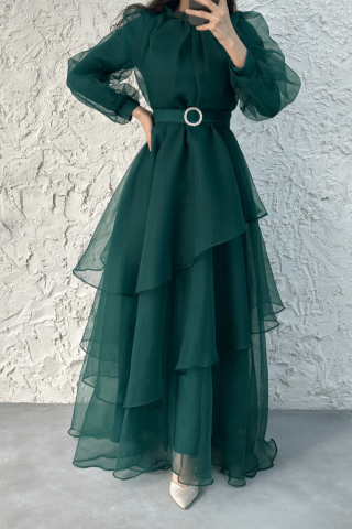 Tül Kat Kat Tesettür Abiye Koyu Yeşil