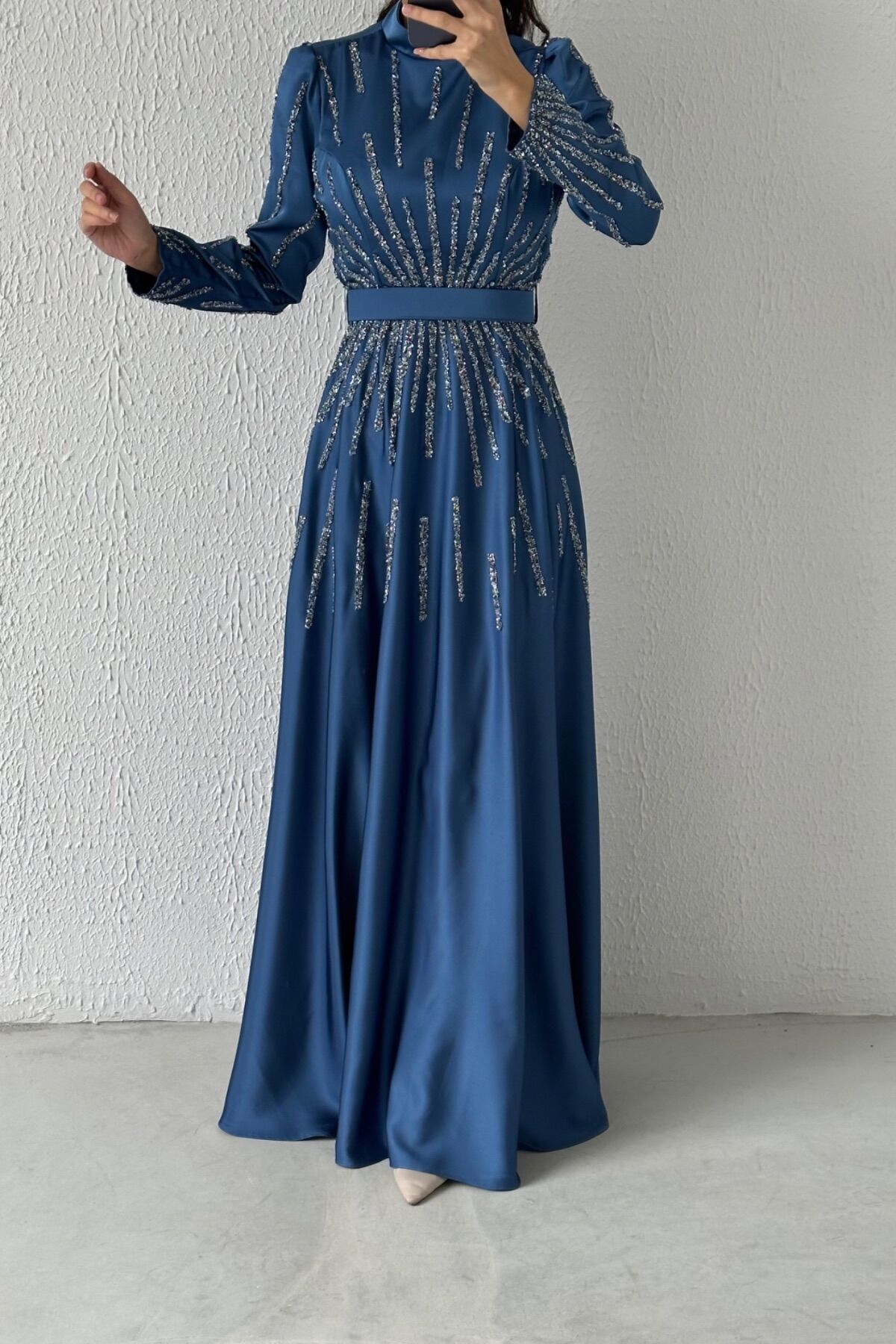 Unique Stone Detailed Belted Satin Hijab Evening Dress Indigo