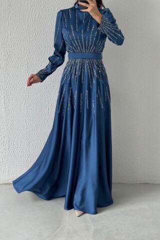 Unique Stone Detailed Belted Satin Hijab Evening Dress Indigo