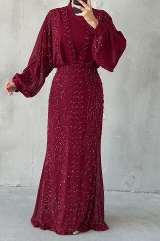 Modern Tasarım Şifon Tesettür Abiye Bordo