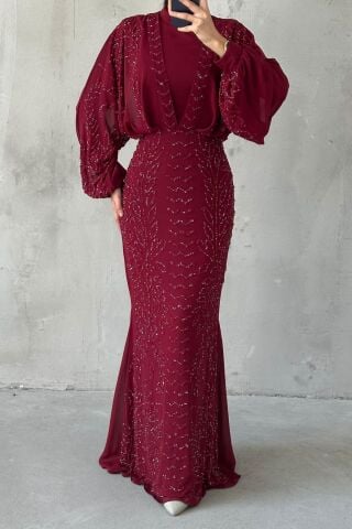 Modern Tasarım Şifon Tesettür Abiye Bordo