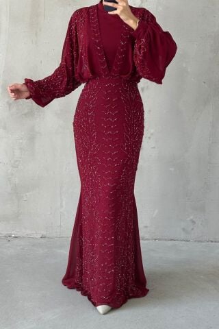 Modern Tasarım Şifon Tesettür Abiye Bordo