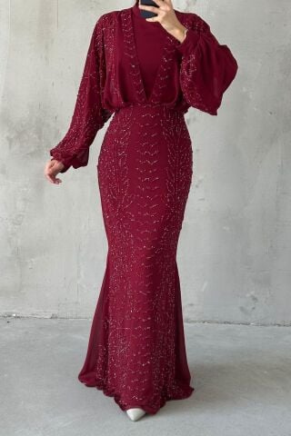 Modern Tasarım Şifon Tesettür Abiye Bordo