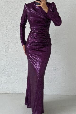 Boydan Büzgülü Pul Payet Tesesttür Abiye Mor