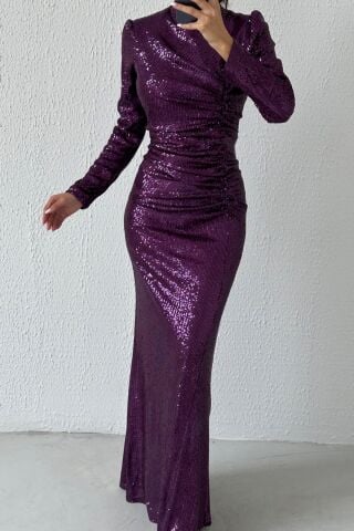 Boydan Büzgülü Pul Payet Tesesttür Abiye Mor