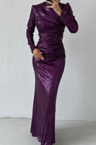 Boydan Büzgülü Pul Payet Tesesttür Abiye Mor